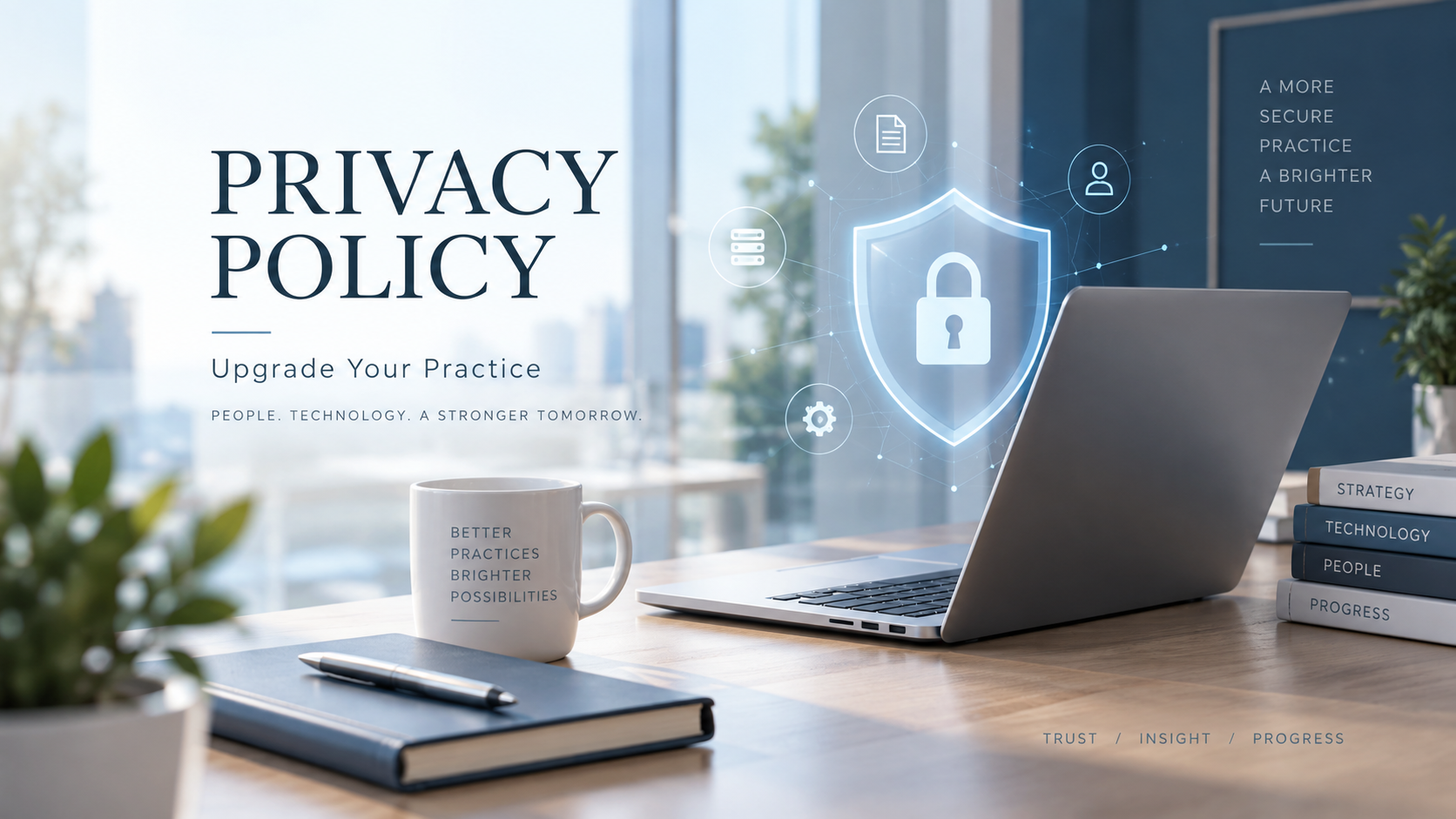Privacy Policy graphic for Upgrade Your Practice featuring a secure laptop, digital shield, and privacy icons.
